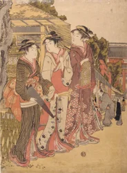 Three Beautys In The Marketplace (trätryck i färg)