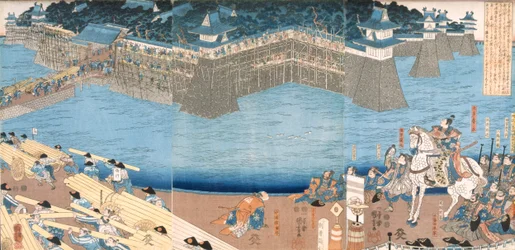 Triptyk som visar ett fort som byggs vid floden Kunigos, Edo-perioden 1603-1868.