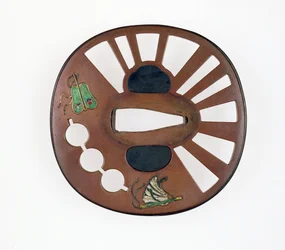 Tsuba dekorerad med fläktar (koppar med emalj)