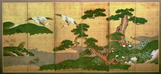 Två tranor som dyker bakom tall och stenved, Edo Period