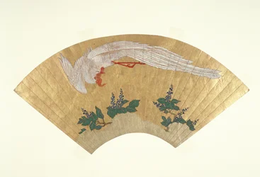 Omonterad fläkt: Fågeldykning på snötäckt bambu, ca 1700-60 (guld & wc på papper)