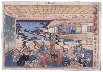 Utan titel (akt Vii av Chunyu Gishin Roku) (träsnitt i färg)