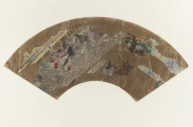 Untitled - Solfjäderformad målning av damer som sitter i en paviljong och spelar ett spel, 1603-1868