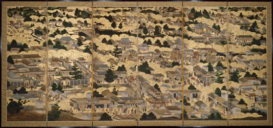 Vyer i och omkring Kyoto (Rakuchu rakugai zu), ca 1616-24 (bläck, färg och bladguld på papper)