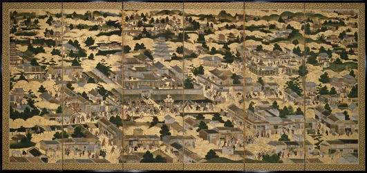 Vyer i och omkring Kyoto (Rakuchu rakugai zu), ca 1616-24 (bläck, färg och bladguld på papper)