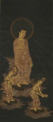 Välkomnande nedstigning av Amida Buddha-triaden (guld och färg på indigofärgat siden)