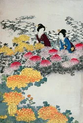 Kvinnor i en blommande trädgård (trätryck i färg)