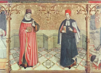 De heliga Cosmas och Damian (olja och bladguld på panel)