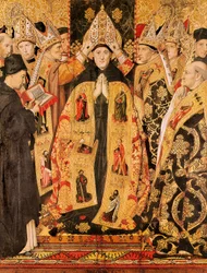 "" Invigningen av St. Augustinus av Hippo "" Altartavla av St. Augustinus. Detrempe på trä av Jaume Huguet (1415-1492). 1466-1475. Från kyrkan St. Augustine i Barcelona.