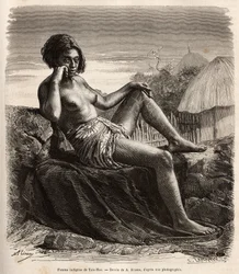Infödd kvinna från Taio-Hae (eller Taio Hae), i markisernas skärgård, som nonchalant visar sina tatuerade ben, graverar efter en teckning av A.Rixens som illustrerar minnena från Stilla havet, 1872-1874, av A. Pailhes, ett skeppstecken, publicerat i ”Le t