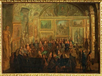 Vy över Salon de Diane i Louvren; en session av målarakademin ...