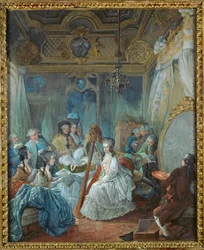 Marie-Antoinette i sina lägenheter i Versailles, omgiven av medlemmar av sitt hov ...