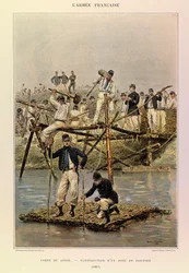 Typer och uniformer av kapten Jules Richards franska armé, illustrerad av Edouard Detaille (1848-1912): Corps de Genie; Byggandet av en faskinbro 1887, Privat samling