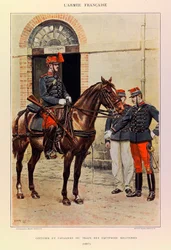 Typer och uniformer av kapten Jules Richards franska armé, illustrerad av Edouard Detaille (1848-1912): Officer och ryttare på tåget av militära besättningar 1887, Privat samling