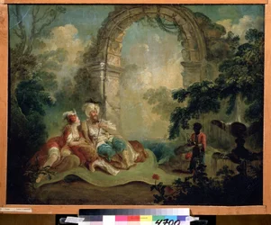 Orientalism: ”Turkisk pascha och odalisk liggande på en matta, betjänade av en svart tjänare”. Målning av Jean-Baptiste Hilaire (1753-ca 1822), Pusjkinmuseet, Moskva