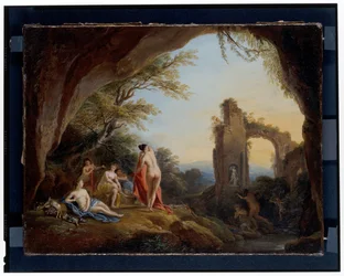 Nymfer och satyrer i ett flodlandskap Diana och aktaeon i ett landskap med ruiner