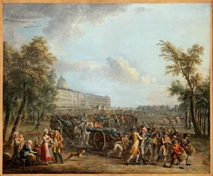 Plundring av vapen vid Invalides invaderade folket i Paris, efter att ha tagit Garde Meuble i besittning den 13 juli, Invalides den 14 juli 1789 och tog 4 kanoner och 34 000 kanoner, målning av Jean Baptiste Lallemand (1716-1803) . Fotografi, KIM Youngta