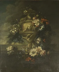 Blommor i en skulpterad vas (olja på duk)