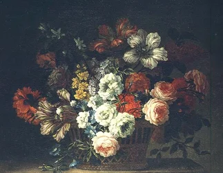 Stilleben med blommor i en korg