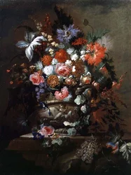 Stilleben av blommor och vindruvor (olja på duk)
