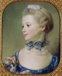 Ung flicka med en katt (pastell på pergament)