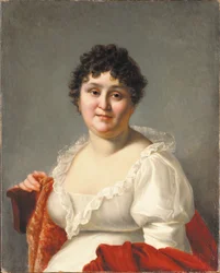 Porträtt av Madame Regnault, bystlång, i vit klänning och persimmonsjal (olja på duk)