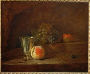 En silverbägare, vindruvor, ett äpple (målning på duk)