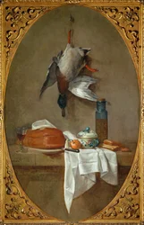 Canard moDuck upphängd i ett ben, paj, skål och gryta med oliver (målning på duk)