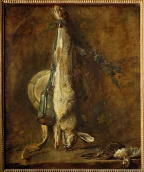 Död hare, spelväska och puderflaska (målning på duk)