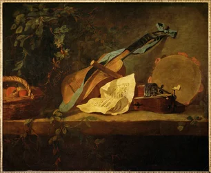 Musikinstrument och fruktkorg (målning på duk)