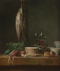 Stilleben med fisk,grönsaker,gougères,krukor och kannor på ett bord