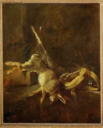 Två harar, en spelväska och en krutflaska (målning på duk)