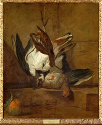 Vanneau huppe, perdrix grise, becasse et bigarde - huppoe, rapphöna (målning på duk)