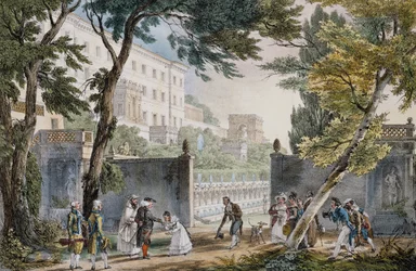Galant scen vid ingången till villa i Rom, ca 1820, gravyr av Jean-Baptiste Thomas (1791.1833)