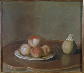 Stilleben med persikor och pumpa