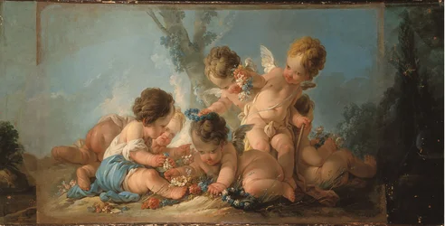 Grupp om sex älskande som leker med blommor, ca 1761 (dörr överst)