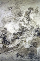 Astolfo seglar iväg med Andronica och Sofrosina (penna & bläck, krita och tvätt på papper)