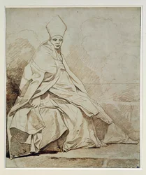 Studie av en draperad figur iklädd en kyrklig dräkt ...