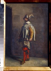 Hugenott (En hugenott). Protestantisk fransk kalvinist under religionskrigen. Målning av Ernest Jean Louis Meissonier (1815-1891). Olja på duk. fransk konst. Statens konstmuseum, Tula (Tulas nationalmuseum, Ryssland)