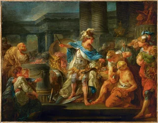 Alexander hugger den gordiska knuten (målning på duk)