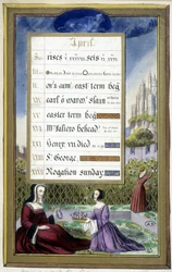 April: Damer i en trädgård (Oxen) - faksimil av Anne av Bretagnes timmar, av Jean Bourdichon