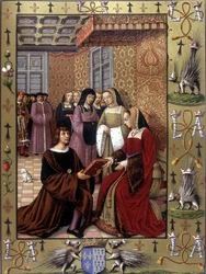 Jean Marot överlämnar sin bok "Resan till Genua" till drottning Anna av Bretagne. Efter en illumination av Jean Bourdichon, cirka 1508