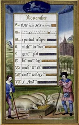 November och skyttens tecken: grisuppfödning - faksimil av Anne de Bretagnes timmar, av Jean Bourdichon