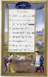 Oktober: plöjning och sådd, skorpionens tecken - i "" Anne av Bretagnes timbok"" av Jean Bourdichon