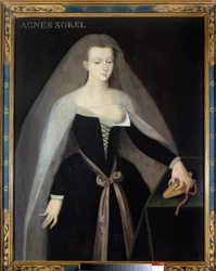 Porträtt av Agnes Sorel (1422-1450) (Damen av Beaute sur Marne) (Beaute-sur-Marne), favorit hos kung Karl VII (1422-1461) Hennes bröst är smutsigt. Målning efter Jean Fouquet 1500-talet, Chateau royal de Loches - Porträtt av Agnes Sorel (1422-1450) (dam