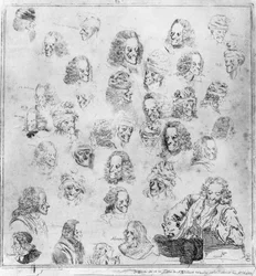 Olika låtar i 30 Voltaire-huvuden. Porträtt av Francois Marie Arouet, dit Voltaire (1694-1778) "" olika fysiognomier av Voltaire""". Starkt vatten tillskrivet Dominique Vivant-Denon (Vivant Denon) (1747-1825) efter Jean Huber (1721-1786). Musee C