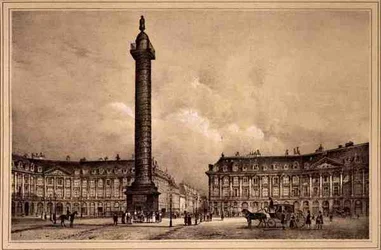Utsikt över repliken av Trajanus kolumn på Place Vendome, publicerad av Auguste Bry (litho)