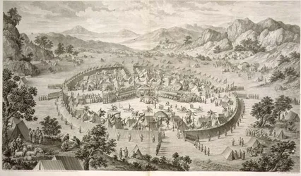 Tchao-Hoei ockuperar sina trupper med övningar och militära spel 1758, plåt 5 från en serie tryck som representerar erövringarna av Qianlong, kejsaren av Kina, graverad av Pierre Philippe Choffard (1730-1809) 1772 (gravyr)