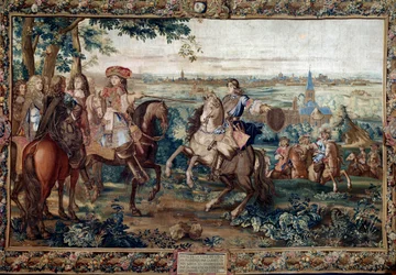 Fortsättning från Histoire du Roi: "" Capture of Lille av Ludvig XIV, augusti 1667 efter Saint Andres kartong. Målning gjord av Jean Mozins verkstad (1600-talet) på Gobelins fabrik. Dämpa. 3,7x5,5 m. Versailles, slottsmuseum