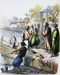 Mehemet Ali (1769-1849) anländer till Konstantinopel - 1828: Mehmet Ali anländer till Konstantinopel (Istanbul, Turkiet) 1846 akvarell, av den franske målaren Jean-Adolphe Beauce (1818 - 1875). Muhammad Ali Pasha eller Mehmet Ali; 1769 - 1849. Osmanska alb